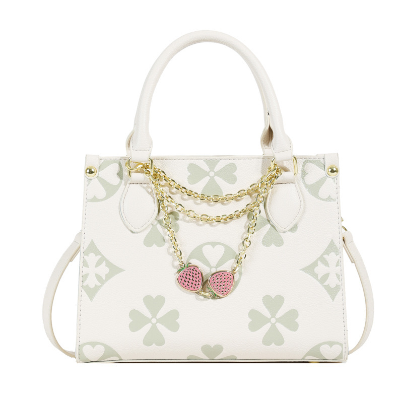 2025 new Embossed Mahjong - style Bag with Four - leaf Strawberry Diamond Pendant and Chain Women's Single - shoulder Bag Simple Commuting Cross 
