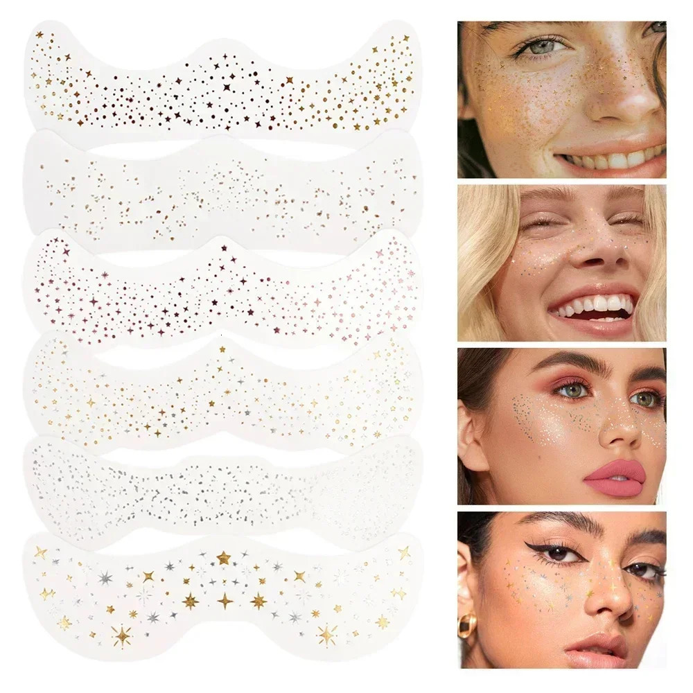 6pcs Stamping Freckles Makeup Patches Metallic Radiation Golden Silver Temporary Tattoo Stickers Face 250714