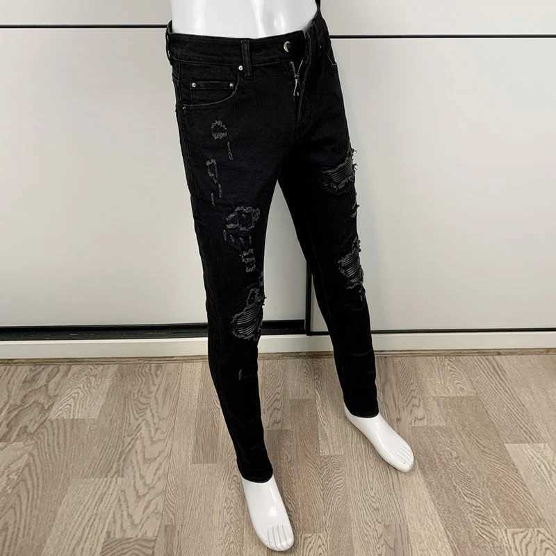 Street Fashion Men Jeans Black Stretch Skinny Fit Ripped Jeans Men Punk Trousers Leather Patched Designer Hip Hop Brand Pants X250718