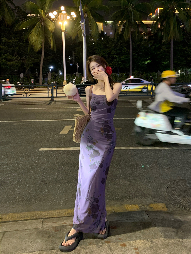 X2130 suspender floral dress women's summer 2024 new style high-end temperament waist long skirt