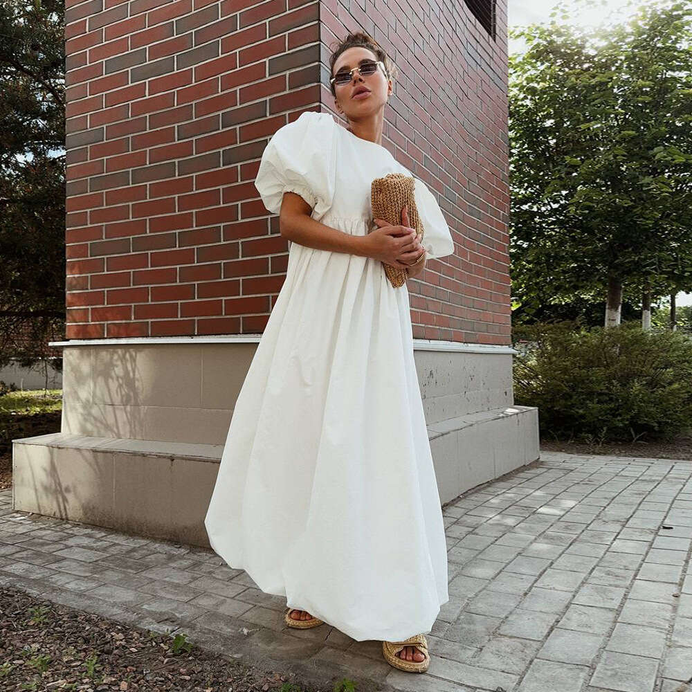 100% Cotton Round Neck Puff Sleeve Spring Summer New Solid Color Loose Casual Dress For Women B5