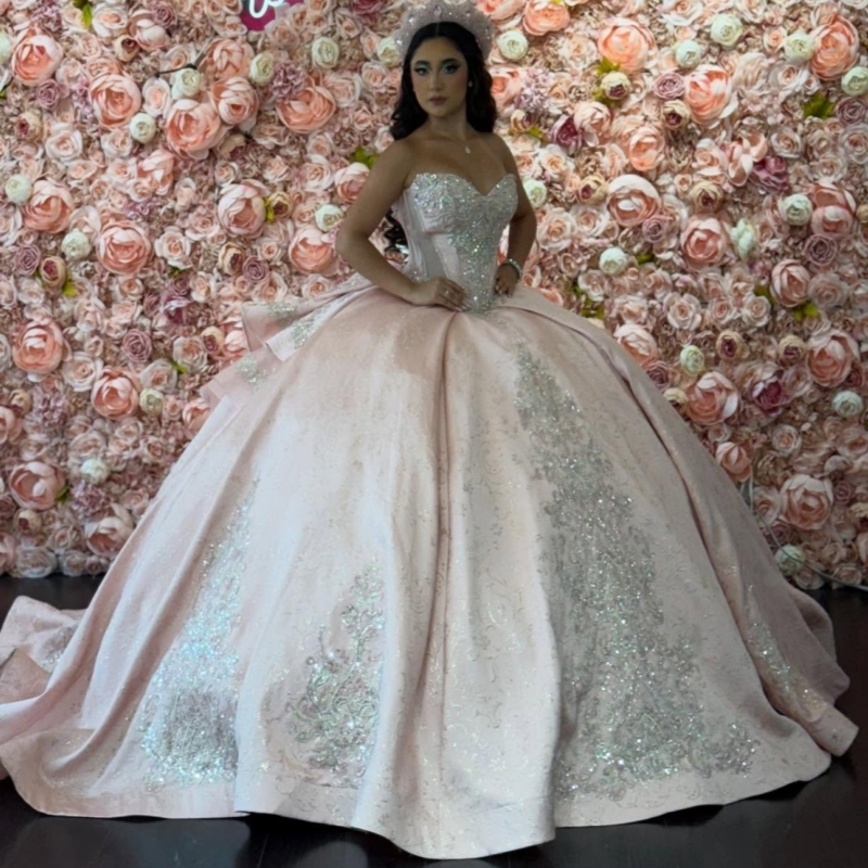 Pink Shiny Quinceanera Dresses Ball Gown Off The Shoulder Sequin Applique Lace Beads Bow Tull Corset Party Birthday Sweet 16 Dress Vestidos 15 Anos