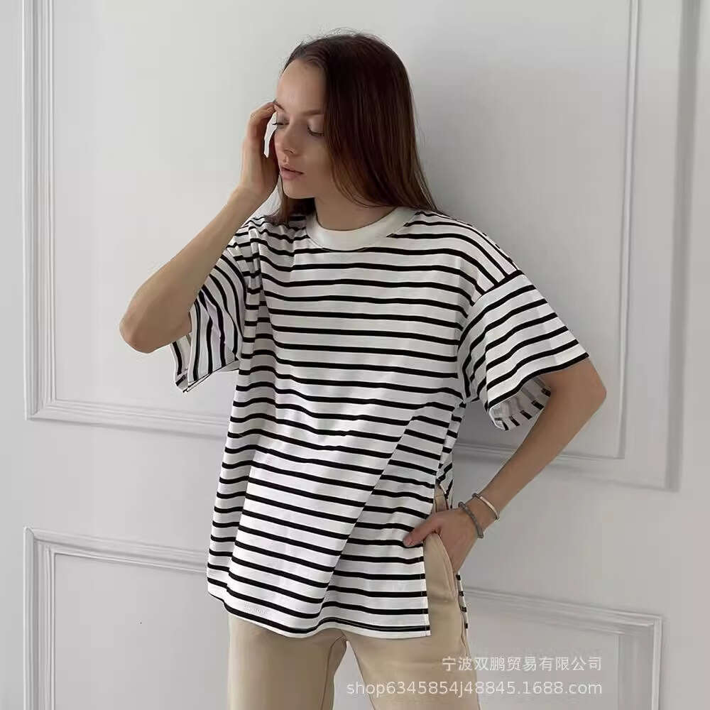 Spring Summer Casual Pure Cotton Striped T-Shirt For Women Loose Fit Versatile Split Long Sleeve Top Style B5