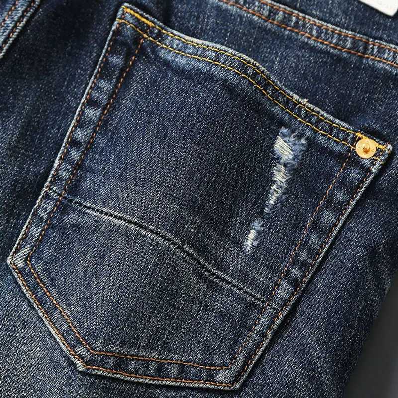 Italian Street Fashion Mens Jeans High-Quality Retro Washed Blue Elastic Slim Fit Corrugated Patch Jeans Mens Retro Denim Pants X250812