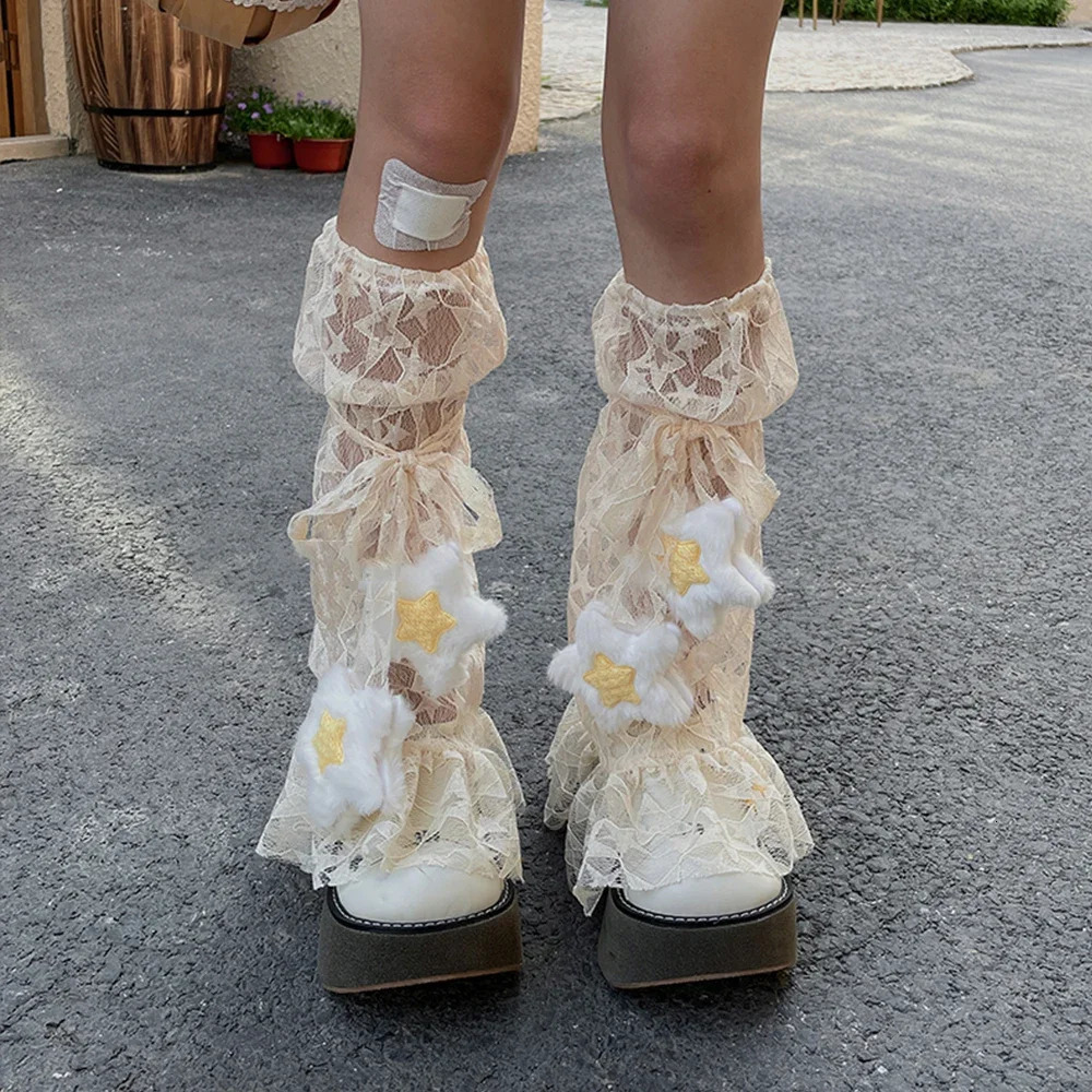 Y2k Sweet Lace Leg Cover Plush Star Lolita Love Cute Lace Summer Thin Stockings Leg Warmers Japanese JK Accessories Sock 250717