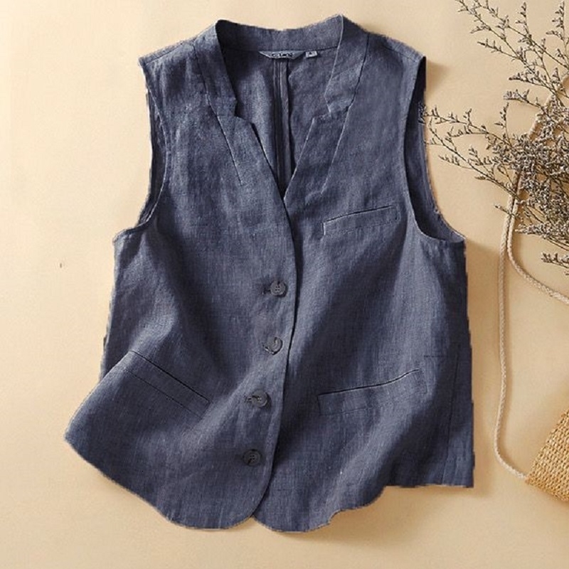 100% Cotton and Linen Waistcoat Vneck Vest for Women Summer 250703