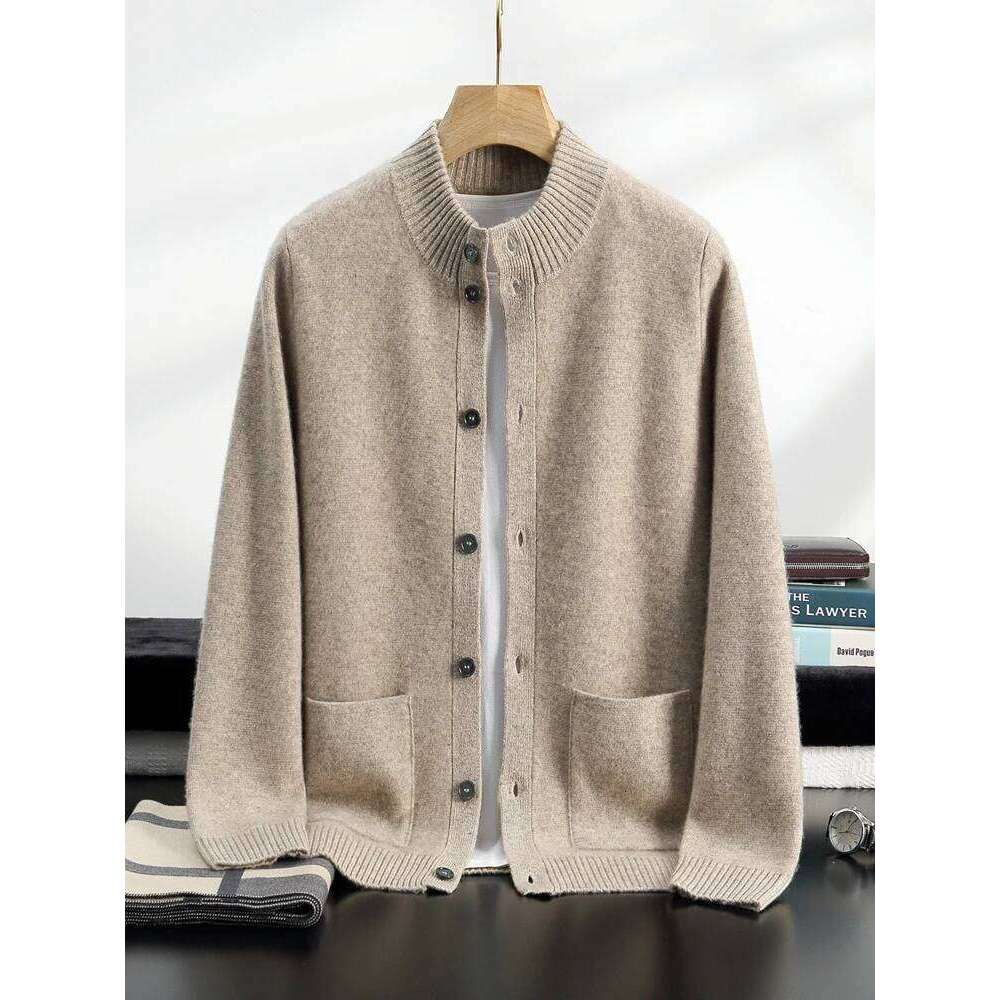 High Quality Men 100% Sweater Autumn Winter Thick Buttons Cardigan Mock-Neck Smart Casual Coat Warm Cashmere Knitwear