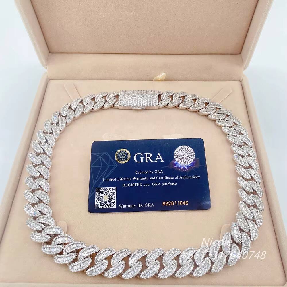 925 Sterling Silver Hip Hop baguette Moissanite Heavy Chain Miami Cuban Link Mens Bracelet 10k 18mm Cuban Link Chain