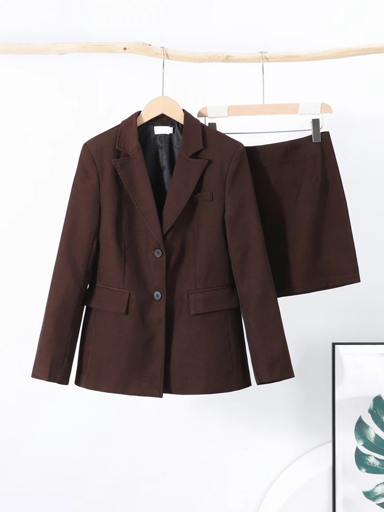 Urban Solid Coat Skirt Women Set Casual Lapel Long Sleeve Single Button Pocket Outwear Sexy Skirt 2025 Vintage Lady Outfit 250715