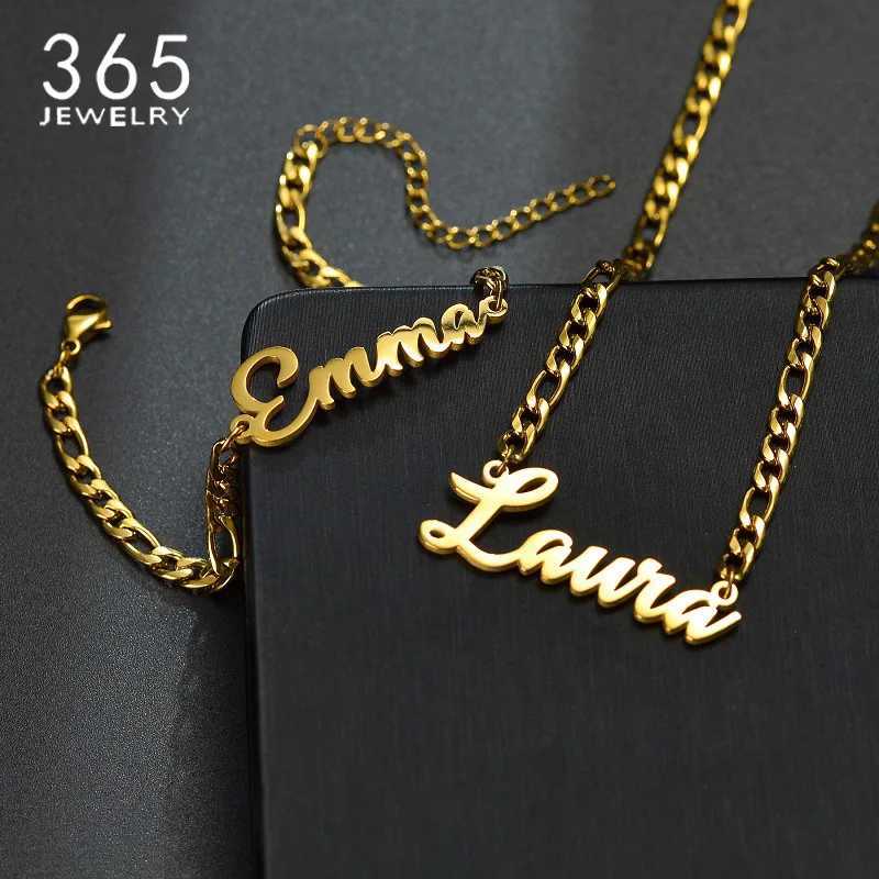 365 Custom Name Necklaces Bracelets Set Stainless Steel Personalized Nameplate Figaro Chain Men Women Jewelry Festival Gifts X2507181