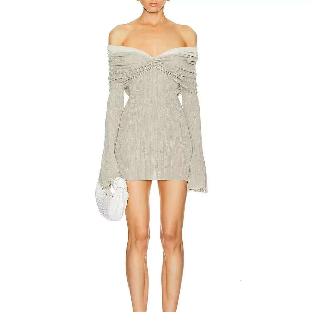 Spring/Summer New French Style Gentle Off-Shoulder Knitted Elegant Sexy Waist-Cinching Slimming Bodycon Short Dress B5