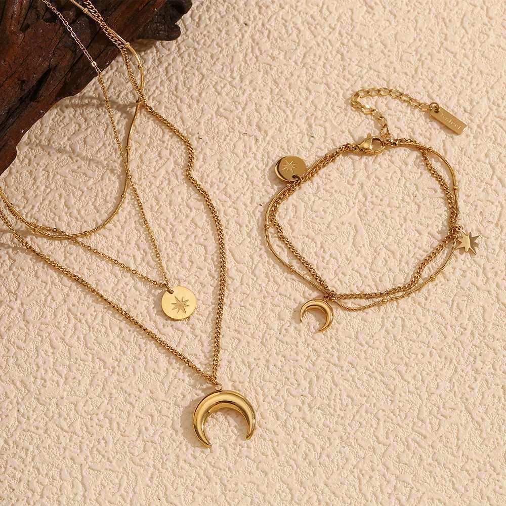 E.B. Crescent Moon Star Three Layers Necklace Bracelet Waterproof Minimalist Stainless Steel Jewelry For Girls Ladies X250718