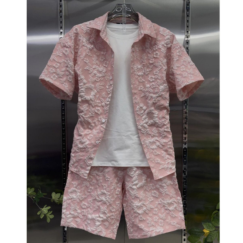 Spring Summer Tweed Style Mens Casual Suit Fashion Loose Carved High-Quality Versatile Stylish Two-Piece Shirt Pants 250718