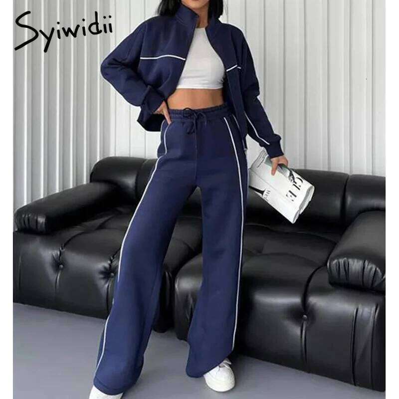 Syiwidii Women 2 Pieces Set Casual Sports Suits Long Sleeved Stand Collar Coat Drawstring Trousers 2025 New Elegant Lady Clothes MDNG