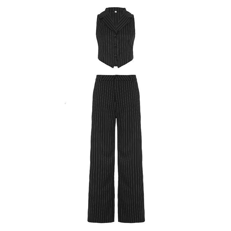 Commuting Style Striped Suit Elegant V-Neck Sleeveless Vest Loose Straight-Leg Pants Two-Piece Set B5 g7