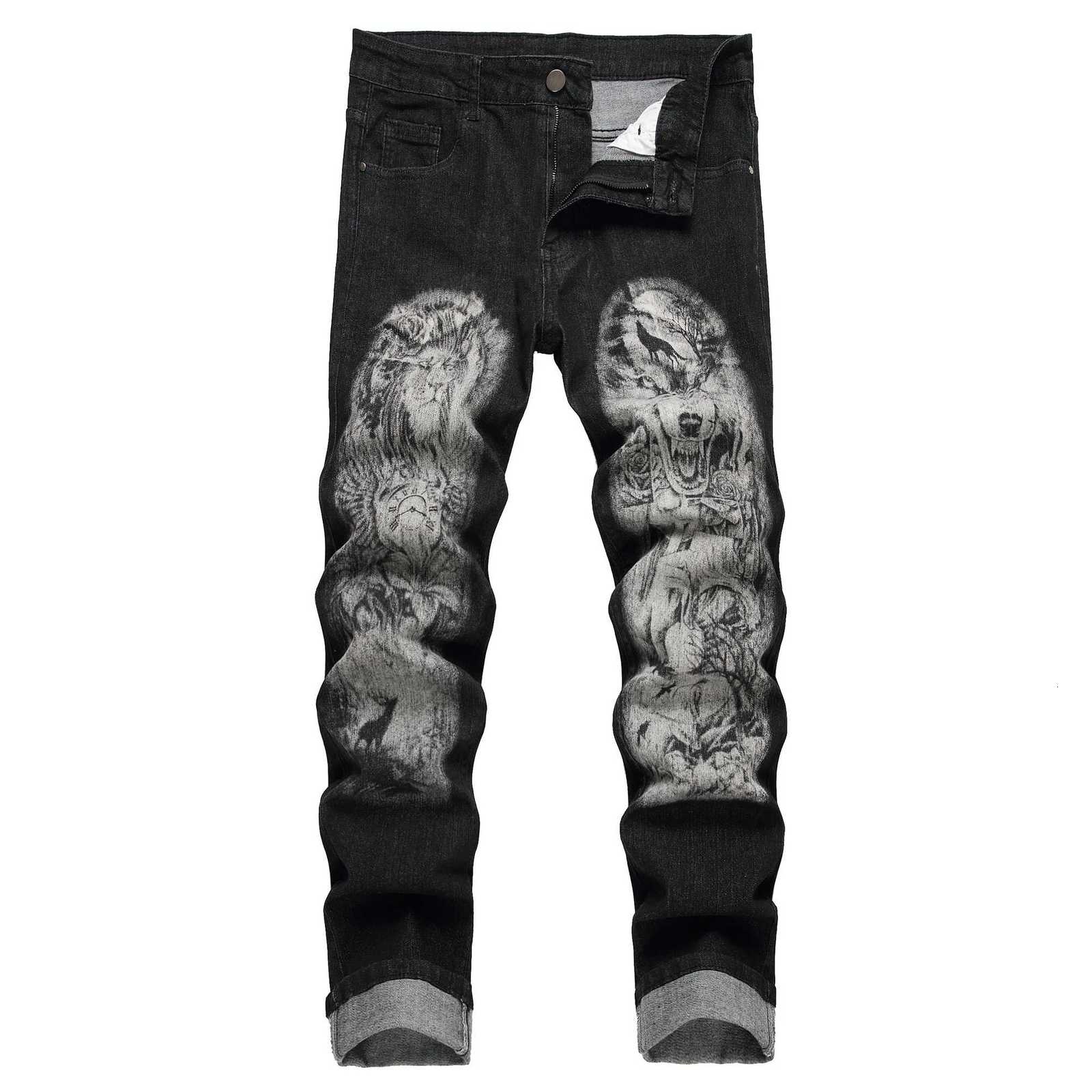 Mens Black Print Pants; Mens Print Wolf Head Pattern Jeans; Stretch Blue Jeans 90035 X250718