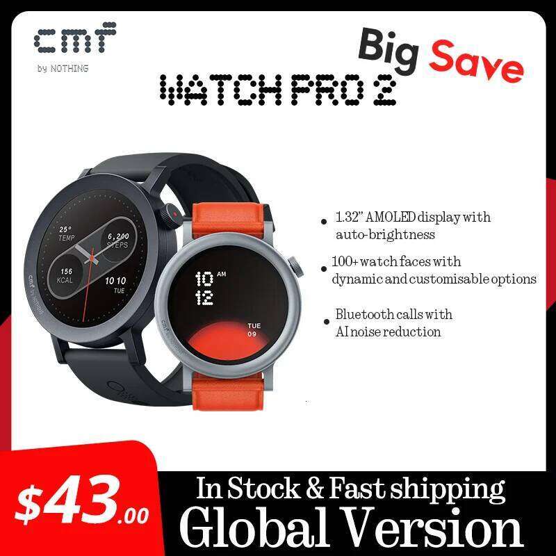 Global Version by Nothing Watch Pro 2 1.32" AMOLED Bluetooth 5.3 BT Calls with AI Noise Reduction GPS Smartwatch CMF watch P free shipping