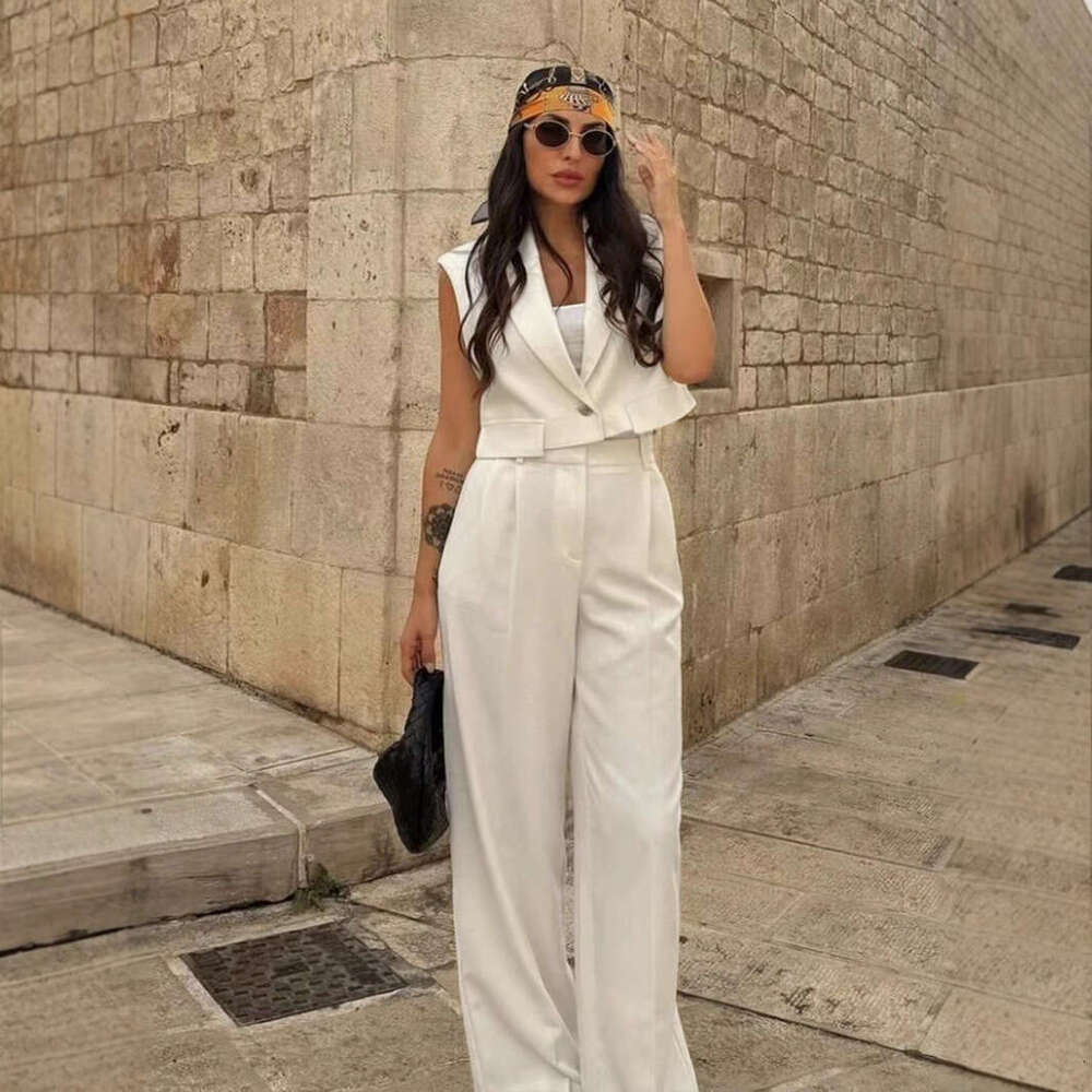 TRAFZA Spring New Fashion Casual High-End Short Vest Top High-Waisted Wide-Leg Pants Set B5