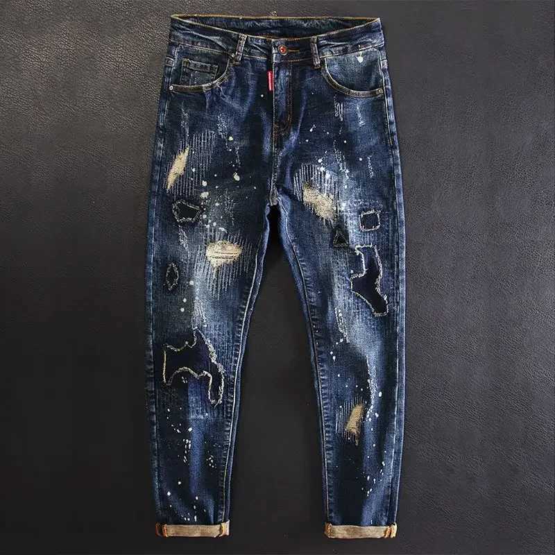 Jeans for Men Straight Cropped Trousers Graphic Motorcycle with Print Pockets Male Cowboy Pants Denim Y 2k Vintage Cotton Luxury X250718