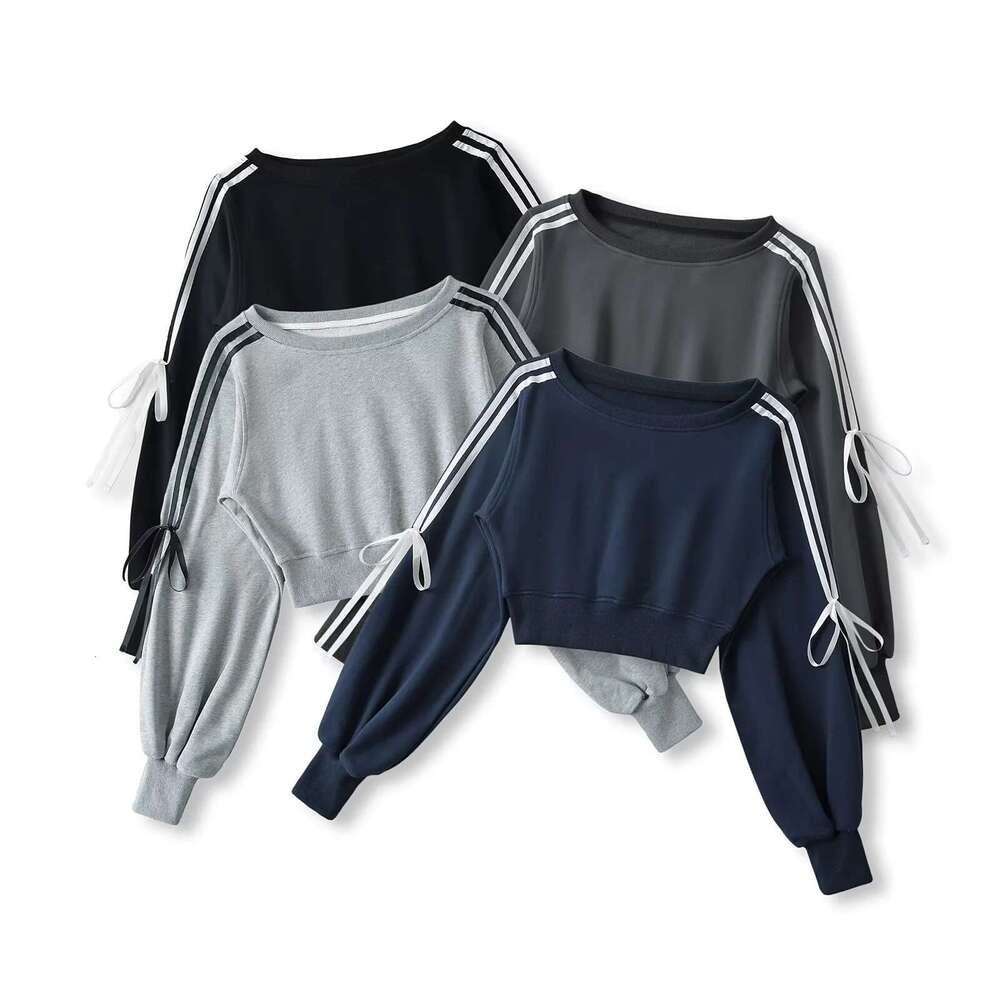 American Style Patchwork Pullover Sweatshirt For Women, Short New Autumn Hot Girl Lace-Up Loose Slimming Off-Shoulder Top B5