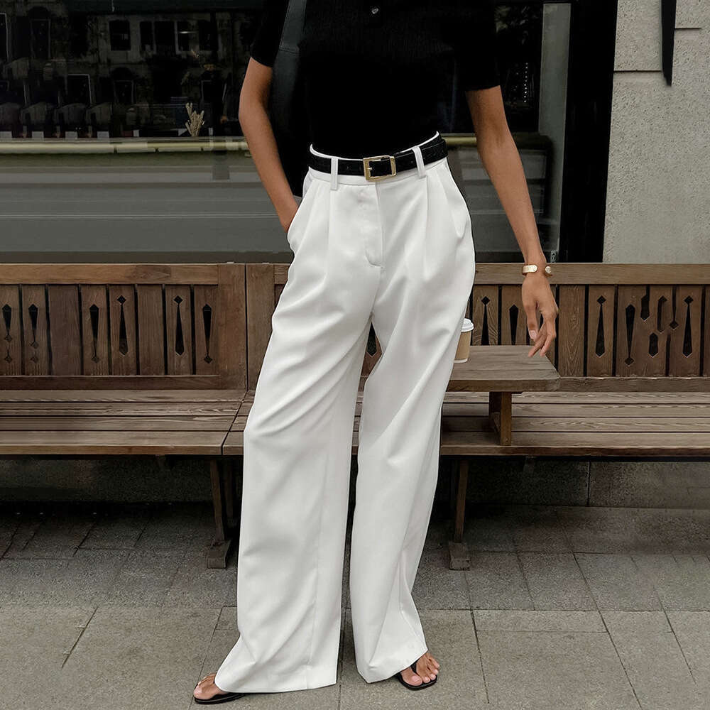 Pure White For Women Spring Summer New High Waist Wide Leg Elegant Commuter Versatile Casual Long Pants B5