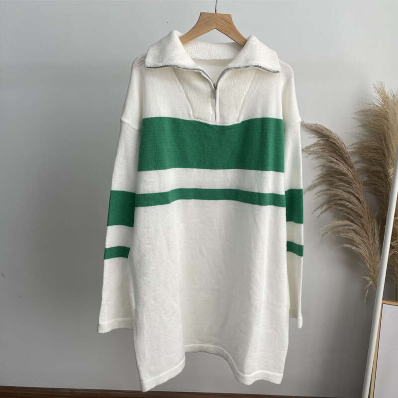 Ins Style Zipper Pullover Sweater Women, Loose Soft Knitted Long Sleeve Dress, Color Block Patchwork Top For Women B5