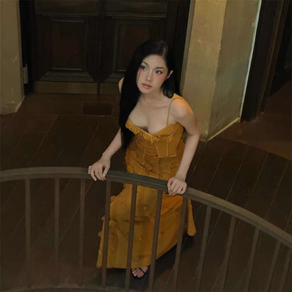 Spring Summer New Women's Vietnamese Niche Fishbone Strap Mesh Waist Slimming Floral Gown Long Dress B5