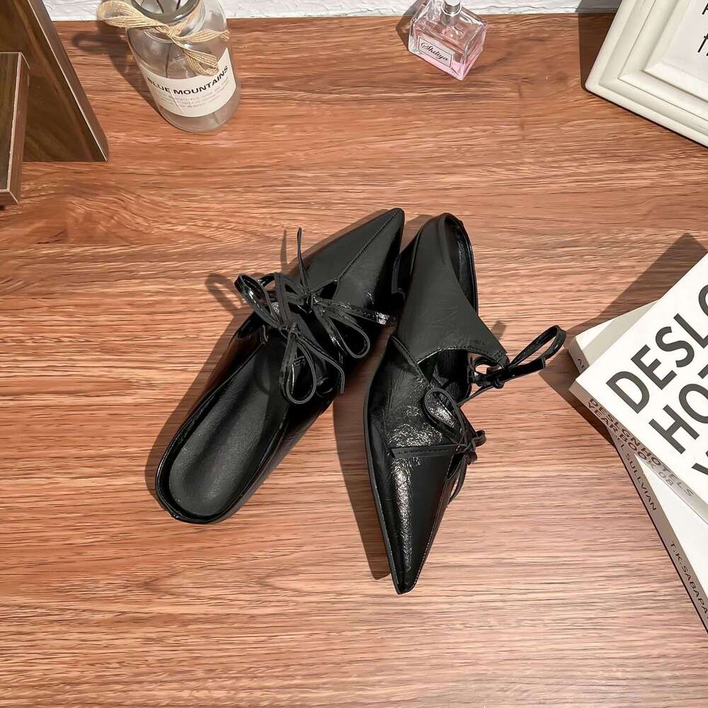 Designer French Style Single Shoes for Women with Bowknot, Double Row, One-Strap, Pointed Toe, Backless Half-Slip Mules