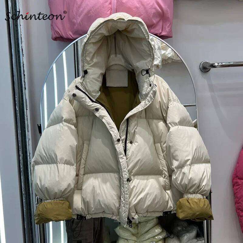Schinteon Women Jacket With Hood Autumn Winter Warm Thick Casual Loose Over Size Outwear White Duck Down Coat 2024 New MDNG