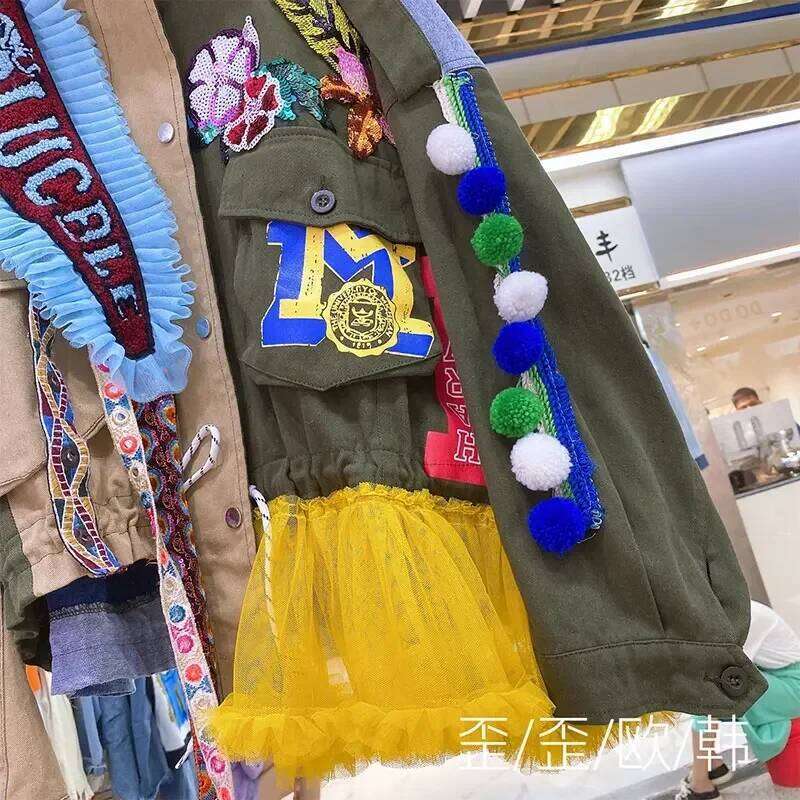 Women Floral Embroidery Sequined Trench Coats Mesh Spliced Ruffles Denim Jacket Hairballs Tassels Jeans Cardigan Streetwear Tops