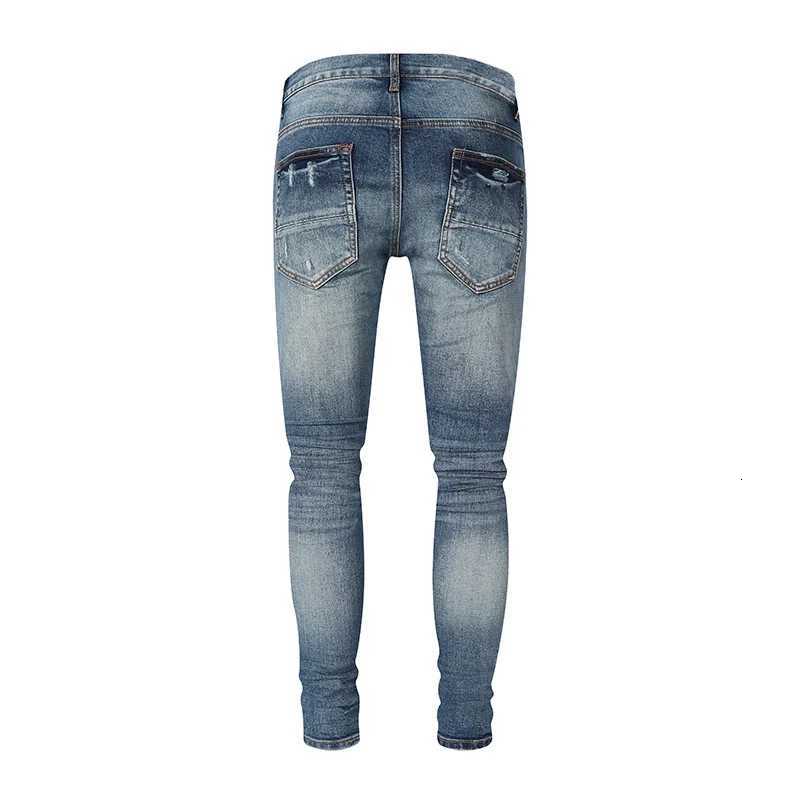 Street fashion boutique mens retro blue ripped patch jeans elastic tight jeans designer hip-hop brand high-quality pants for men X2507181