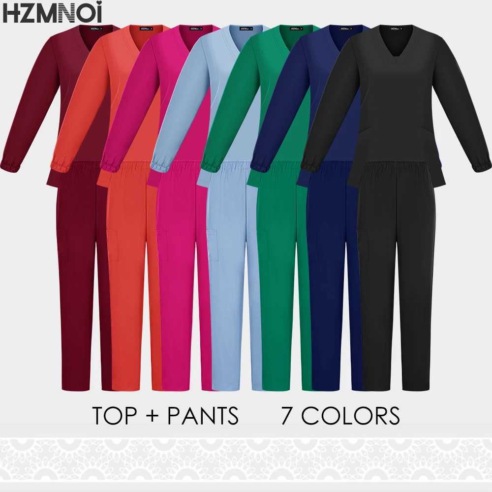 New Scrubs Nurse Uniforms Long Sleeve V-neck Top+Straight Pants Women Multicolor Nursing Scrubs Set Pet Doctor Medical Workwear Z250718