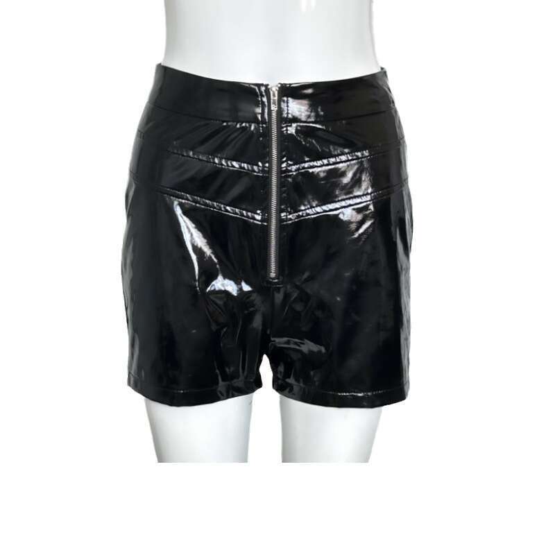 Autumn New Women's PU Leather Mirror High Waist Stretch Spliced Metal Zipper Shorts B5