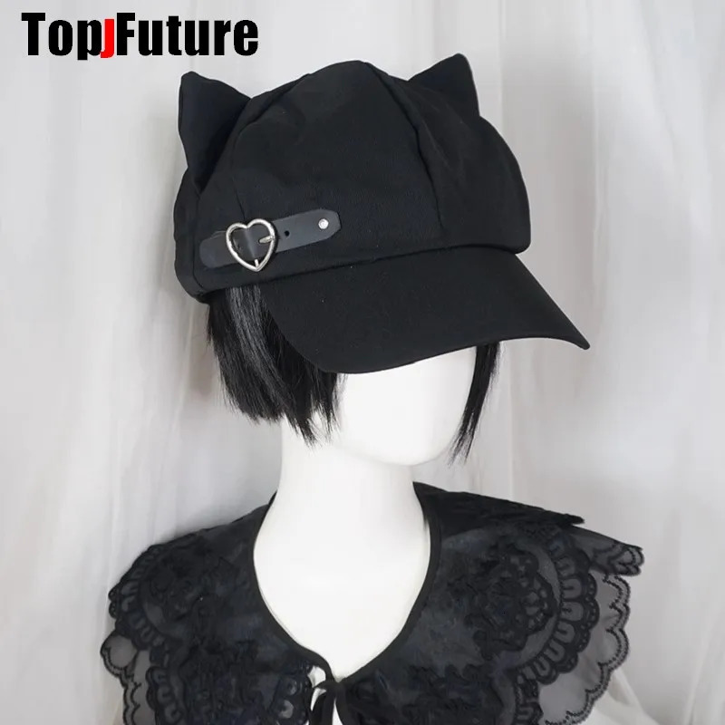 3 styles customized womens Cats ears Harajuku Gothic Lolita beret Y2K girls steampunk punk zipper handmade sun hat Cap 250712