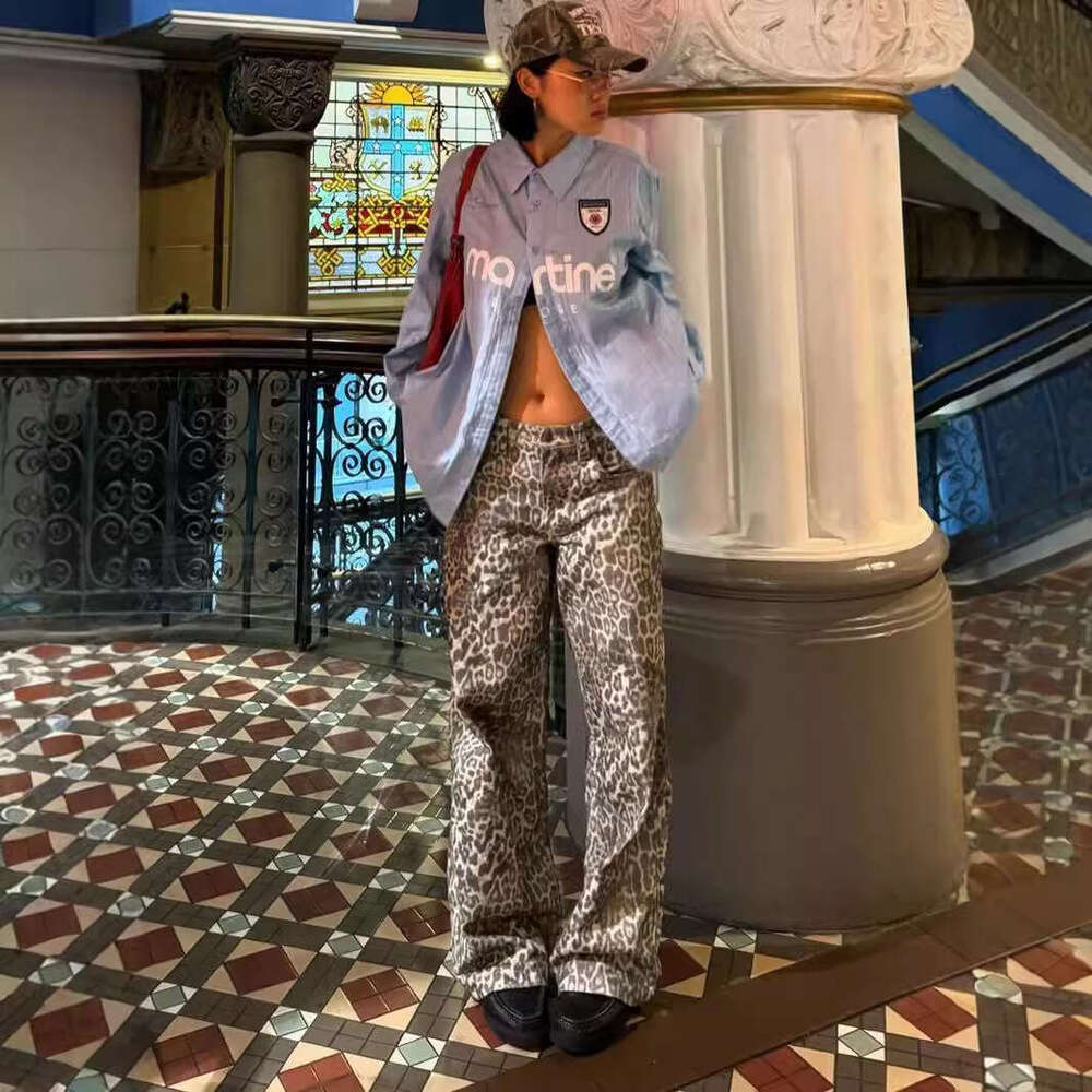 American Style Fashionable Leopard Print Mid-Low Waist Loose Wide-Leg Pants Women Straight-Leg Casual Cargo Jeans B5