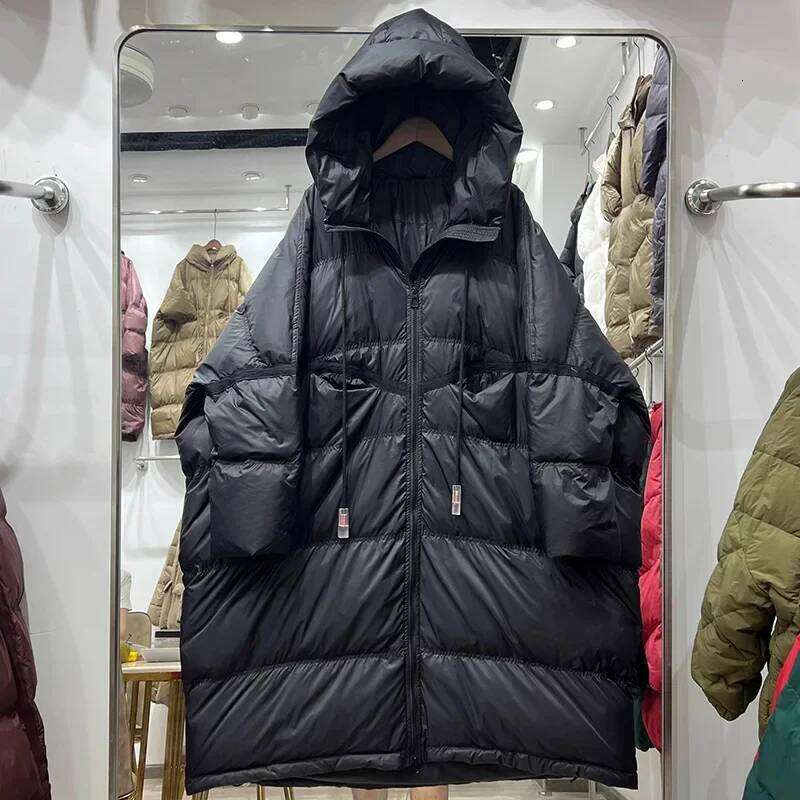 Schinteon Women White Duck Down Jacket With Hood Autumn Winter Warm Long Outwear Over Size Loose Coat 2025 New MDNG