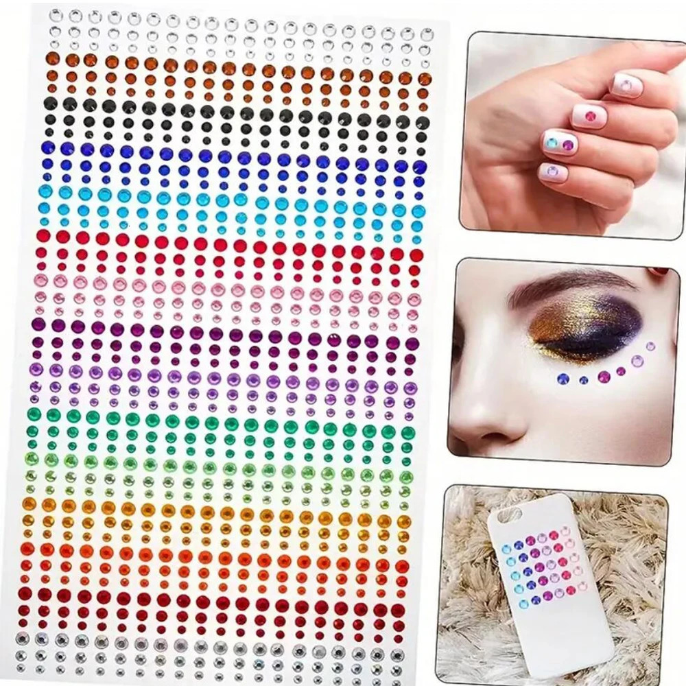 1sheet 900pcs Rainbow Face Glittle Gem Stickers StickOn Tattoo Eye Jewels 345mm Mix Wedding Party Make Up 250714