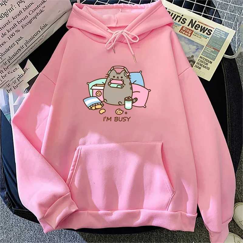 Cartoon Cat Hoodie Sorry Im Busy Printed Mens and Womens Casual Fashion Hooded Sweatshirt Autumn and Winter Warm Top XJ250714