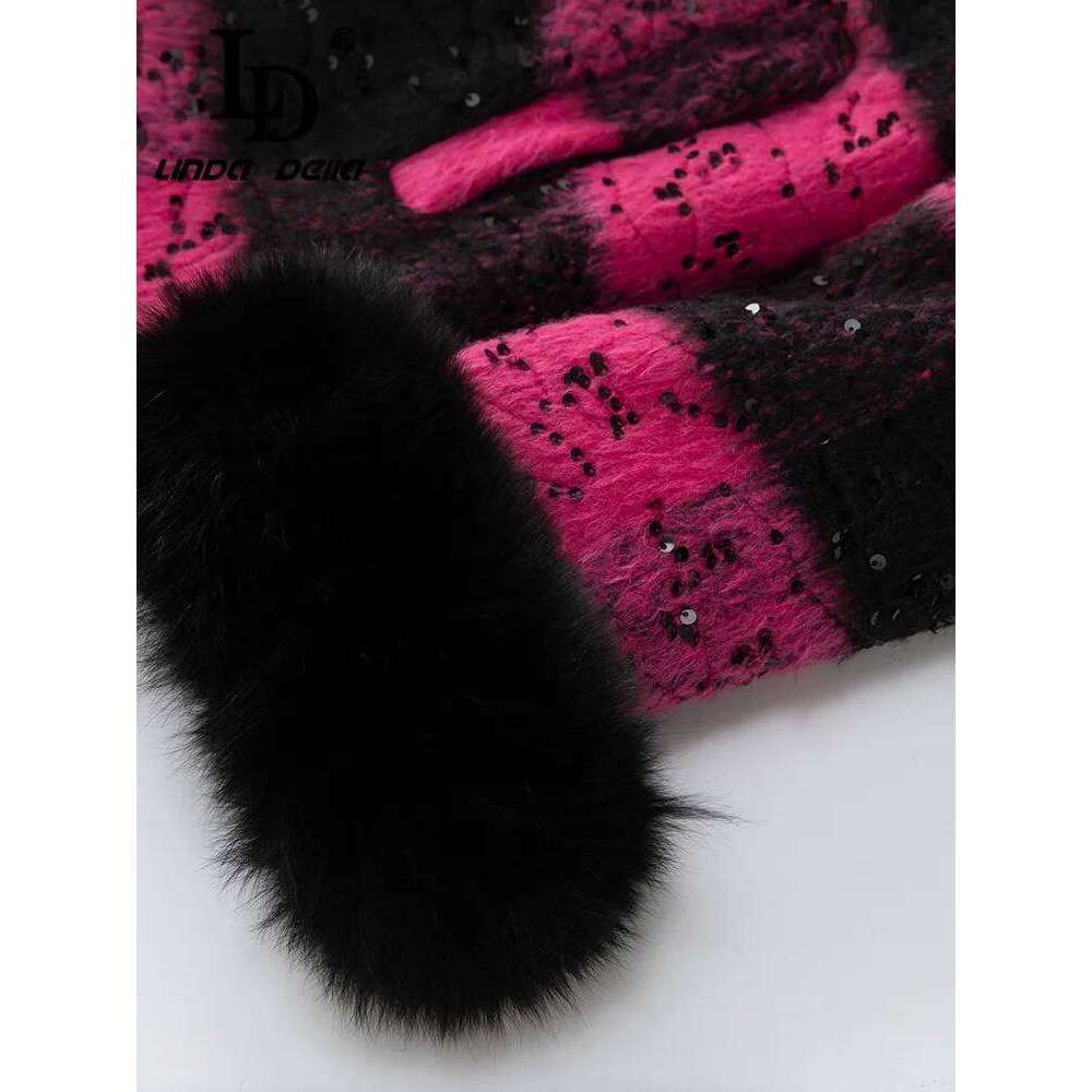 LD LINDA DELLA Winter Fashion Warm Women Color Match Single-Breasted Belt Sequin Detachable Feather Long Sleeve Coat