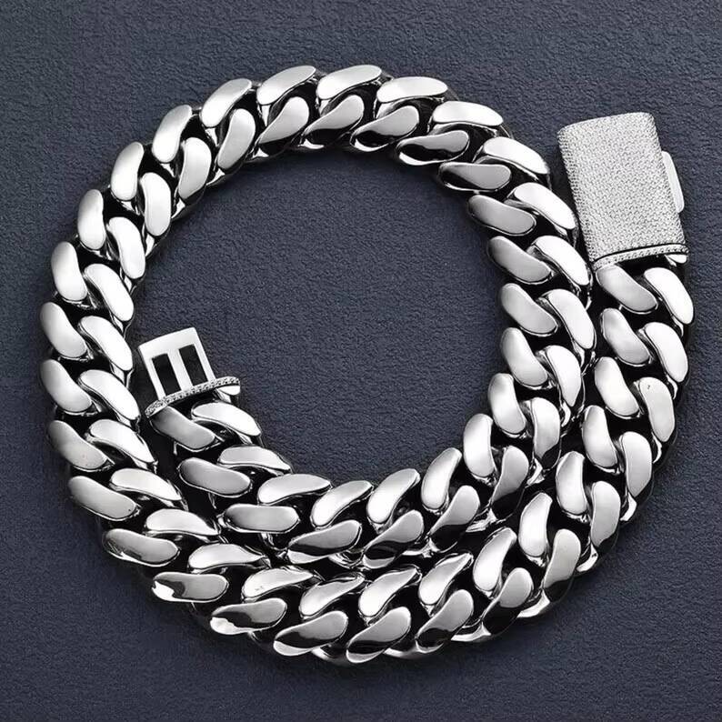 Hiphop Necklace Cuban Chain 20mm Custom Clasp 925 Sterling Silver VVS Moissanite Plain Miami Cuban Link Chain