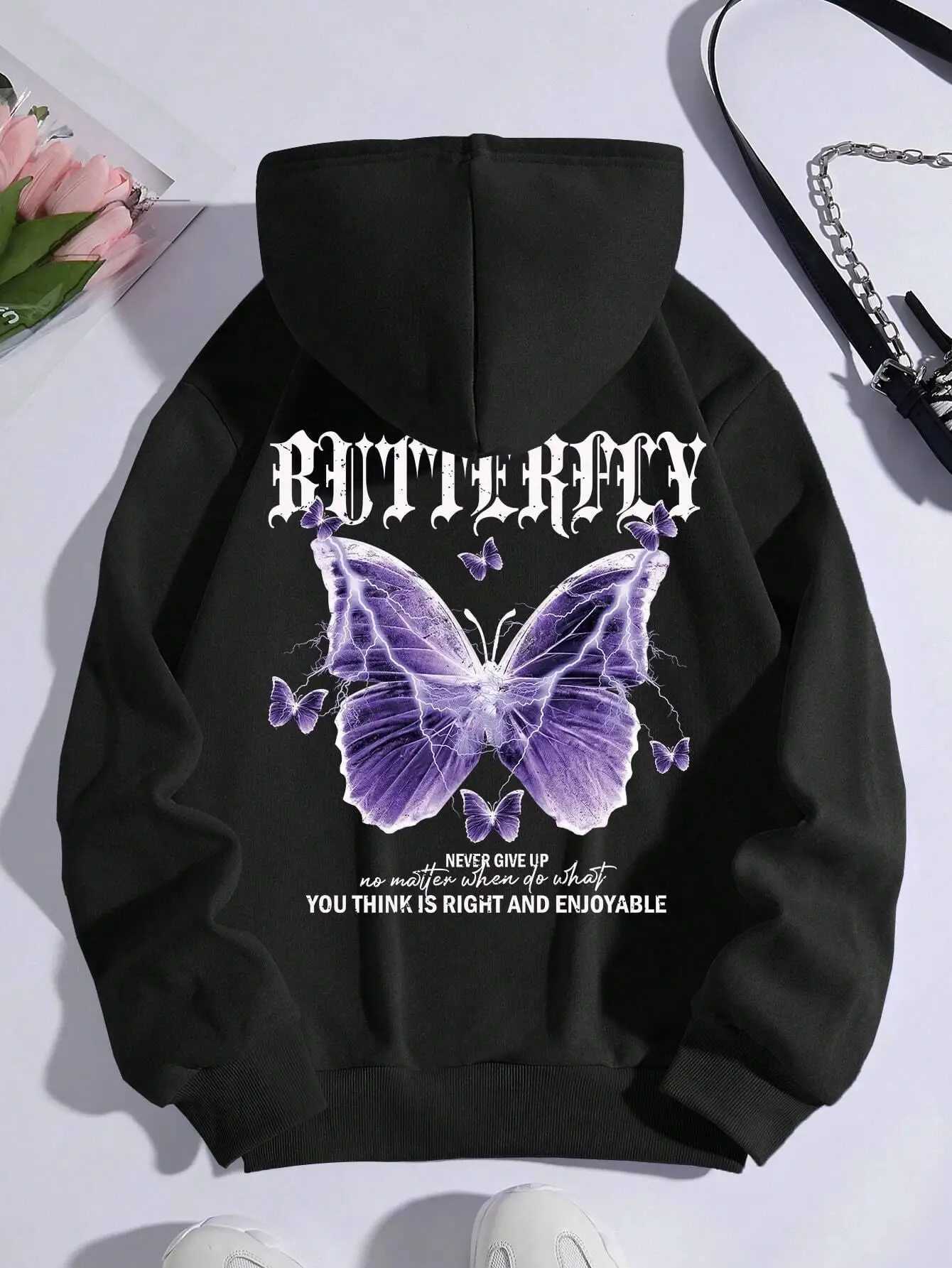 Beautiful Butterfly Printing Hoodies Women Front Pocket Hoodie Simple Casual Hoodie Autumn Loose Fe Streetwear XJ250717