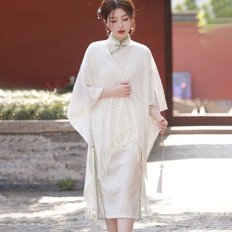New Fashion Tassel Cape Cardigan Air-conditioned Room Office Hollow Knitted Shawl Women White Cheongsam Outerwear
