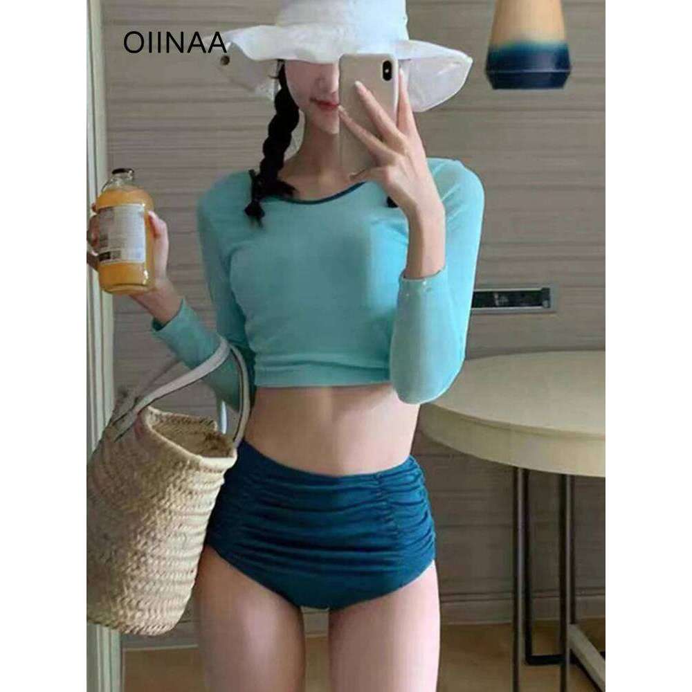OIINAA Contrast Color Women O-Neck Long Sleeve Bikini Set Pleated High Waisted Split Swimsuit Summer 2025 New Swimwear