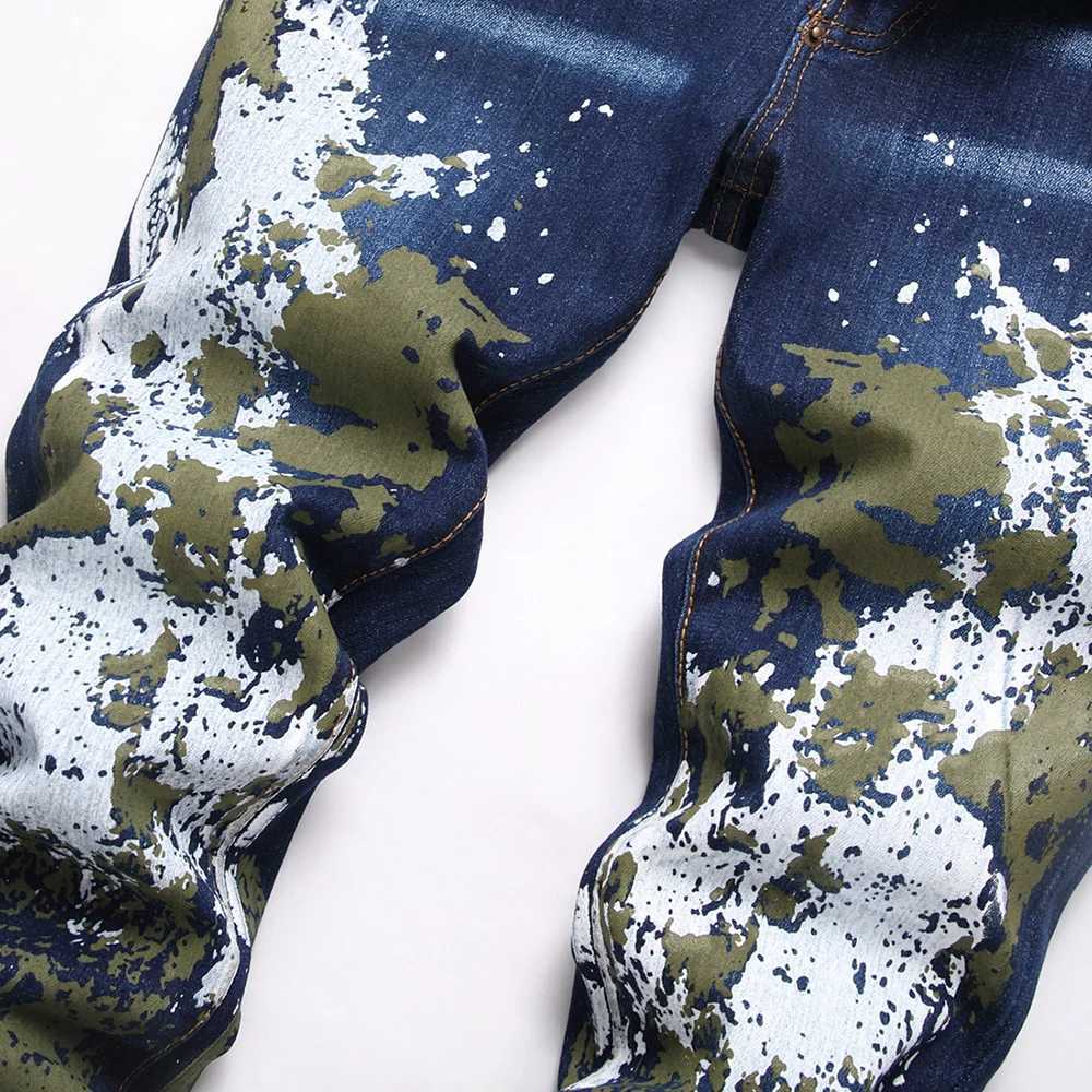 Men Painted Stretch Denim Jeans Streetwear Slim Tapered Pants Button Fly Blue Cotton Trousers X250718