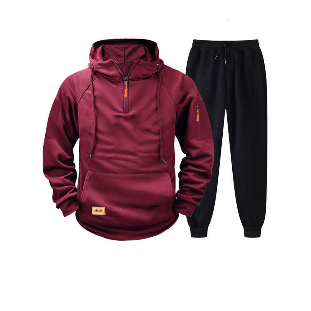 Zipper Pullover Sports Set Fashion Multi-Pocket Fleece Men's Hoodie Sweatpants B5