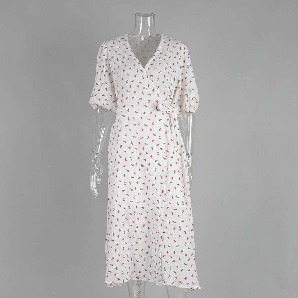 100% Cotton New Women's Puff V-Neck Tie Short Sleeve Printed Dress B5