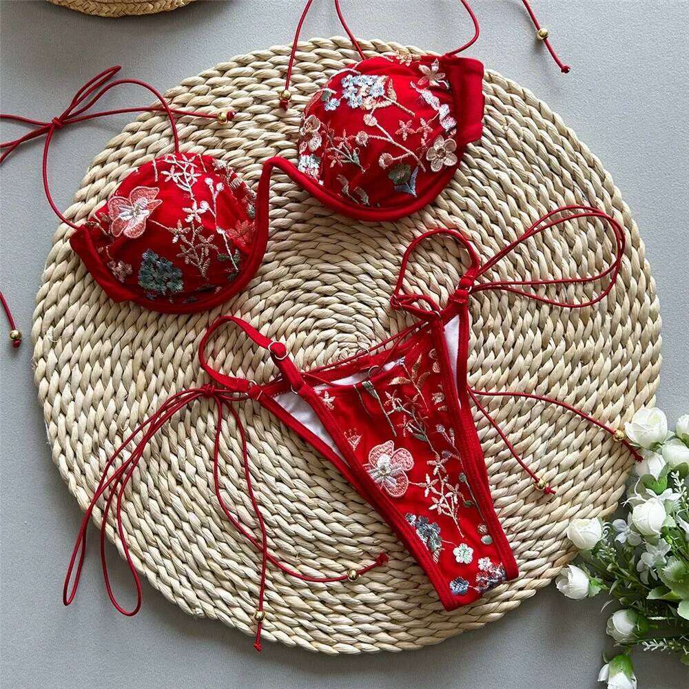 Red Flower Embroidery Swimwear String Bikini Micro Mini Thong Sexy Swimsuit Women 2025 Bathing Biquinis Brazilian Bikinis Sets