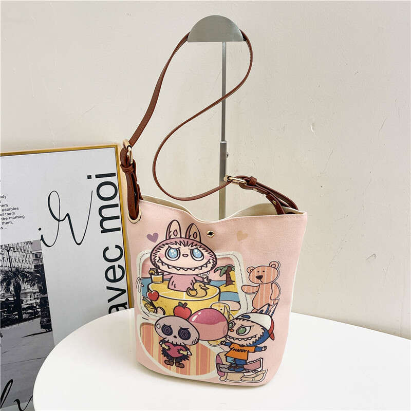 Versatile Cute Cartoon Bucket Canvas 2024 New Textured Painted Casual Shoulder Crossbody Bag