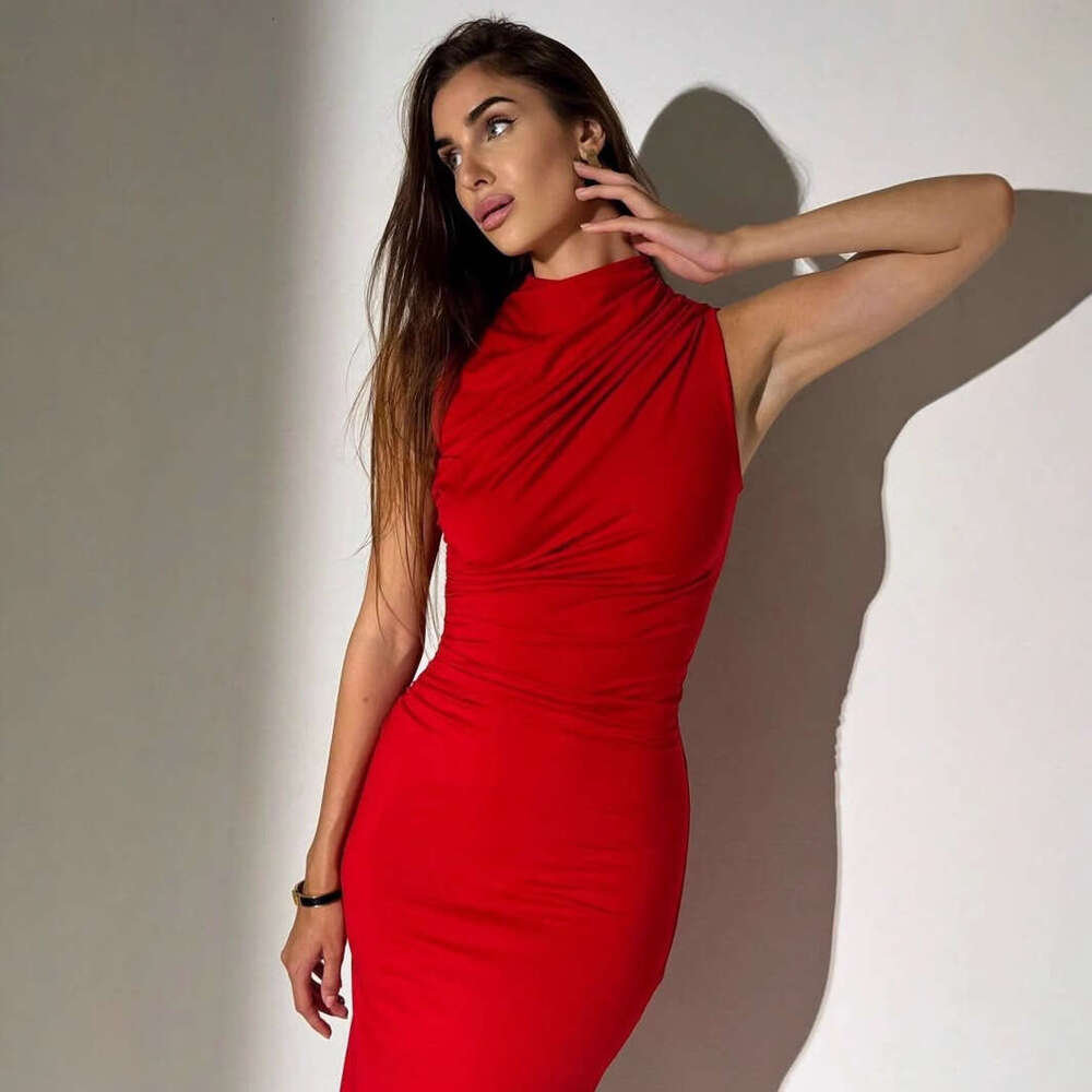 TRAFZA Women's Fashion Sleeveless Ruched Slim Fit Long Split Dress B5