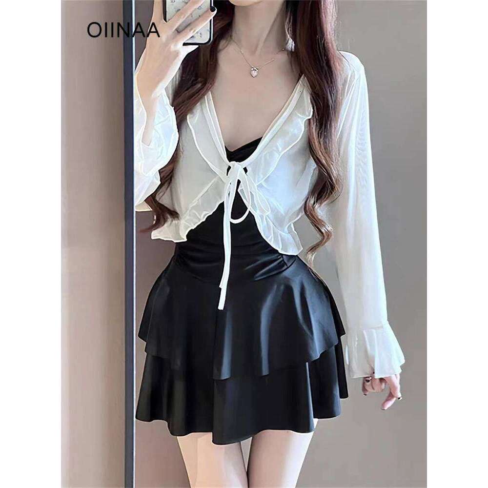 OIINAA One Piece Swimsuit Women Backless Solid Beach Dress Ruffled Mesh White Cover-Ups Summer 2025 New Sexy Hot Spring Swimwear